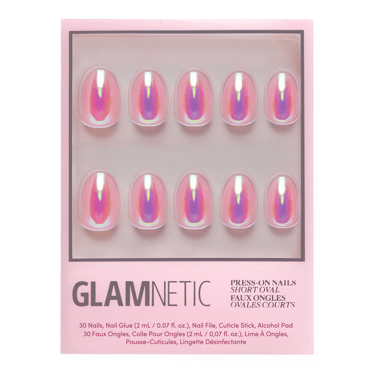 Prism Press-On Nails Uñas postizas rosa semitransparente holográfico.
