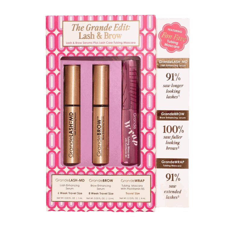The Grande Edit: Lash & Brow - sérums potenciadores de pestañas y cejas más vendidos de Grande Cosmetics, además de su máscara de pestañas