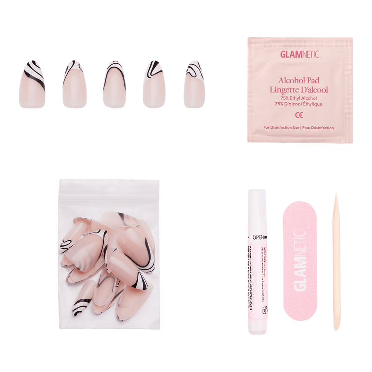 Untamed Press-On Nails Uñas postizas punta francesa abstracta blanco y negro.