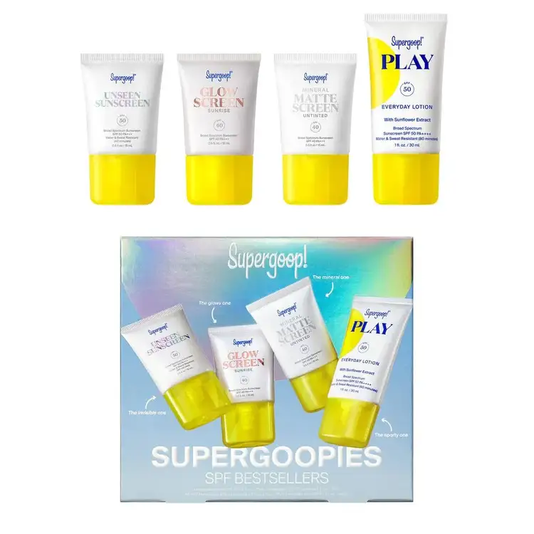 Supergoopies - Kit de protectores solares, Unseen Screen + Glow Screen + Matte Screen + Play