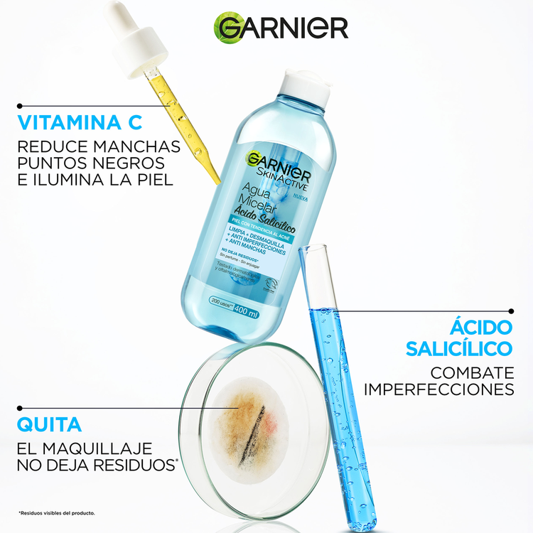 Garnier Skin Agua micelar remueve maquillaje visible