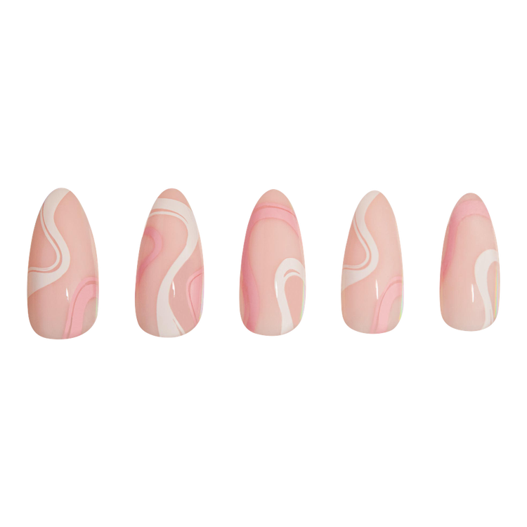 Pink Swirl Press-On Nails Uñas postizas forma almendrada mediana versátil.