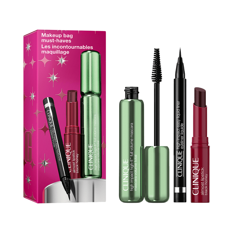 Makeup Bag Must Haves - Set con mascara, delineador y almost liptstick black honey