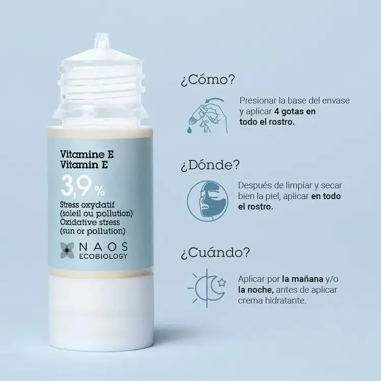 Vitamina E - Suero facial, activos puros antioxidantes que protegen la piel del daño causado por el sol
