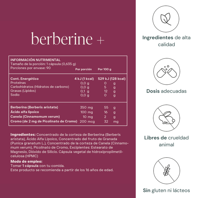 Berberine + Suplemento alimenticio contribuye a soporte metabólico, control de glucosa y manejo de peso