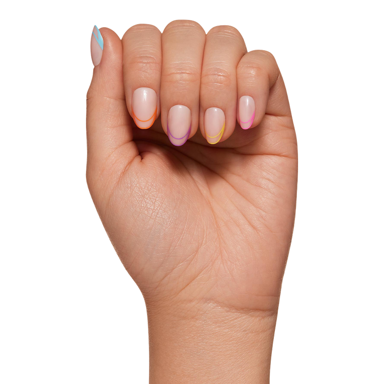 Neon Lights Press-On Nails Uñas postizas puntas francesas de neón multicolor.