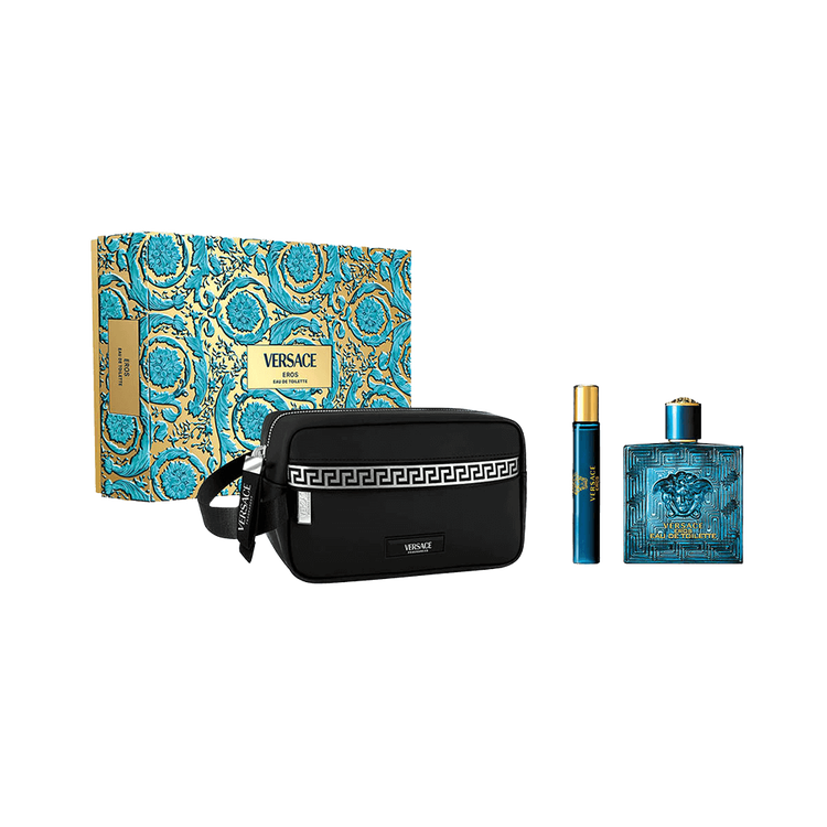 Eros - Set de regalo, Eau De Toilette 100 ml + Travel Spray 10 ml + 1 Black Trousse