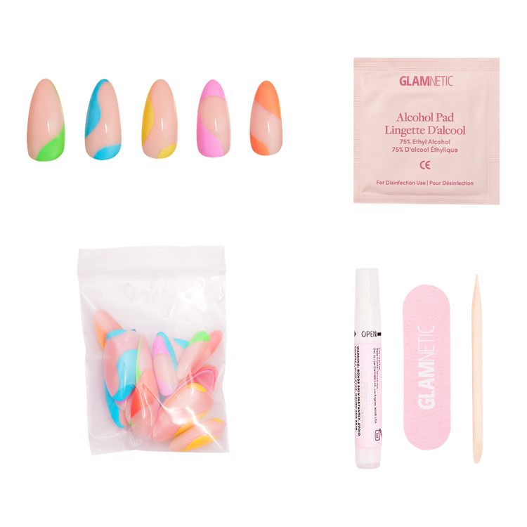 Rainbow Puff Press-On Nails Uñas postizas espirales multicolor sobre base rosa.