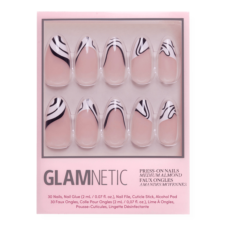 Untamed Press-On Nails Uñas postizas punta francesa abstracta blanco y negro.