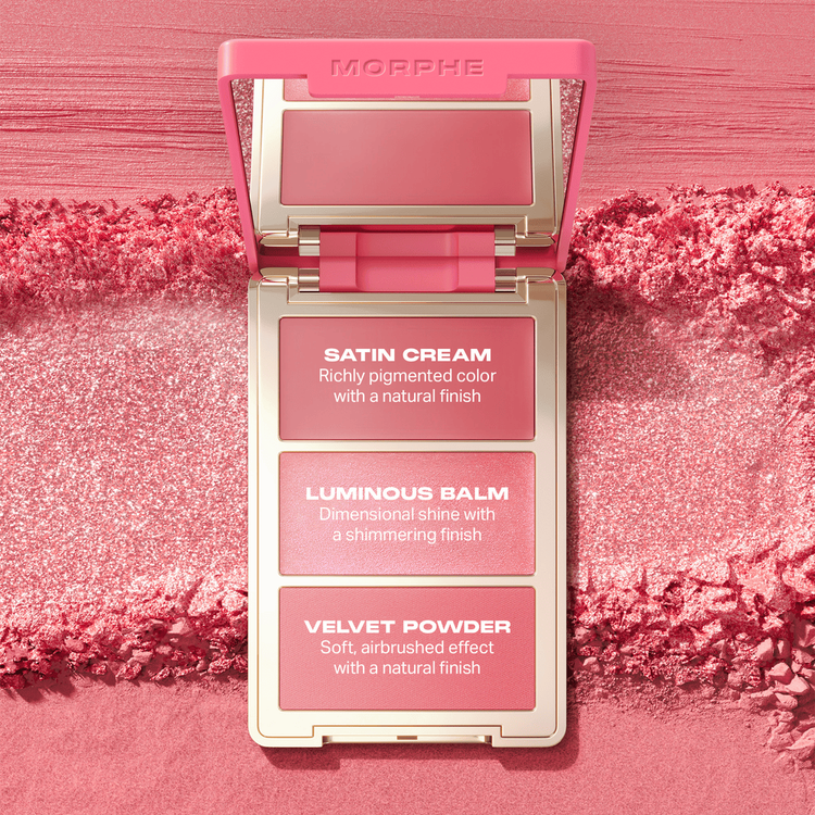 Cheek Thrills - Multi- Finish Face Trio, paleta de blush en 3 acabados: satinado, bálsamos luminoso y polvo