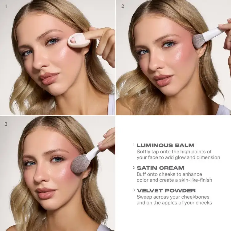 Cheek Thrills Multi-Finish Face Trios - Trío facial de múltiples acabados, una crema satinada, un bálsamo luminoso y un polvo aterciopelado