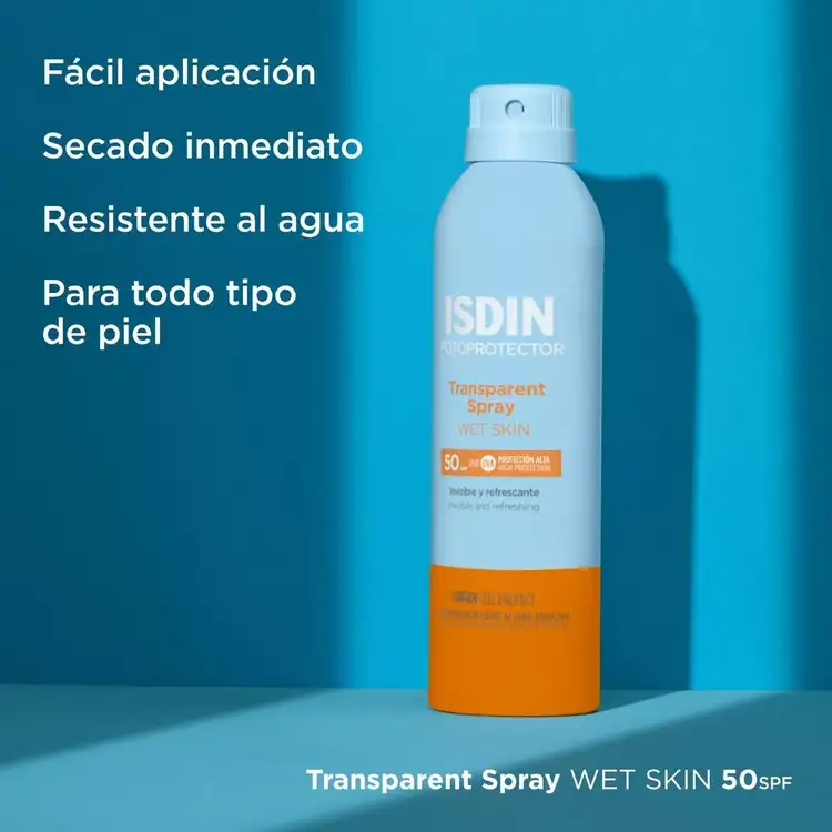 Isdin Wet Skin - Protector solar corporal, en presentación de spray transparente
