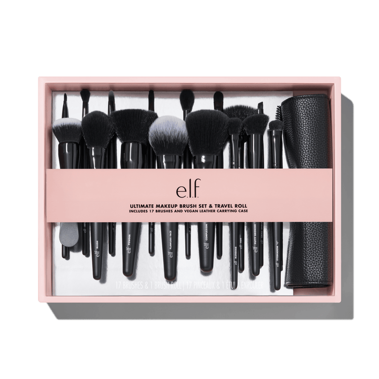 e.l.f. 17 Piece Ultimate Makeup Brush Set & Travel Roll Conjunto de 17 piezas de brochas de maquillaje con estuche de cuero vegano