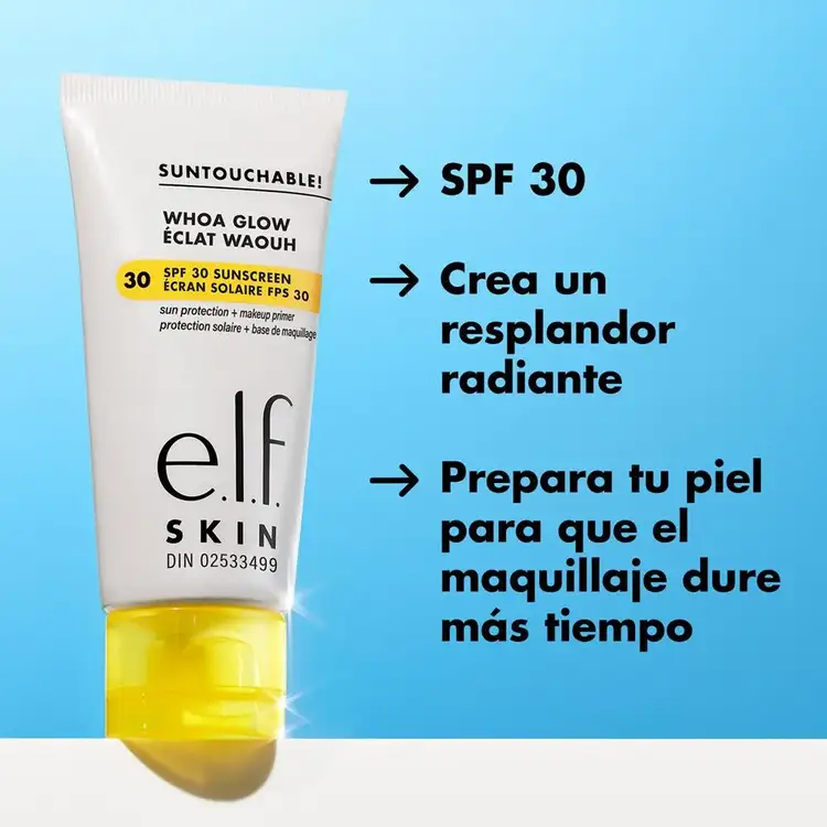 e.l.f. SKIN Suntouchable Whoa Glow Sunscreen & Primer SPF 30 Protector solar facial luminoso y prebase de maquillaje con FPS