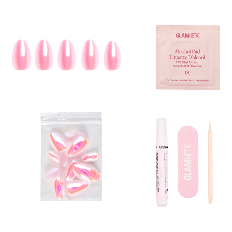 Prism Press-On Nails Uñas postizas rosa semitransparente holográfico.