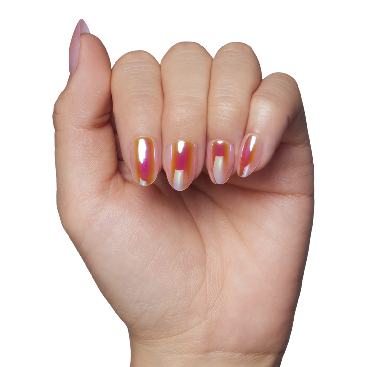 Prism Press-On Nails Uñas postizas rosa semitransparente holográfico.