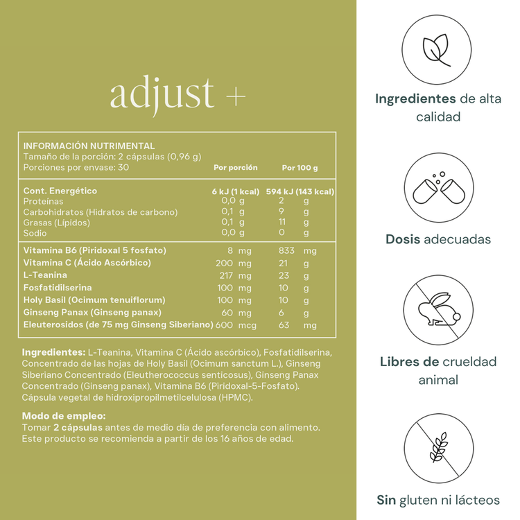 Adjust + Suplemento alimenticio diseñada para manejo del estrés, enfoque y energía equilibrada