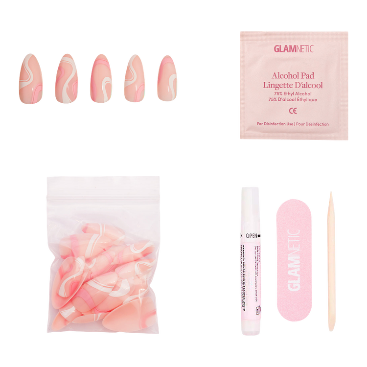 Pink Swirl Press-On Nails Uñas postizas forma almendrada mediana versátil.